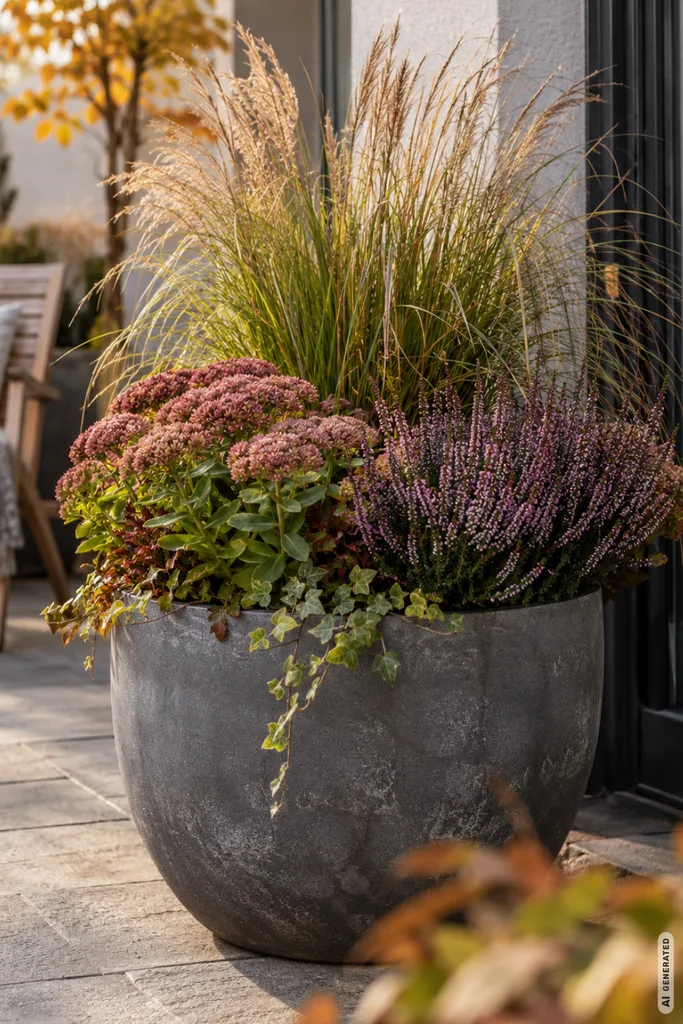 Pflegeleichte Herbstdeko für die Terrasse: 3 einfache Ideen für wenig Arbeit im Herbst Pflegeleichte Herbstdeko für die Terrasse mit Ziergras, Fetthenne und Heide im großen Pflanzkübel.