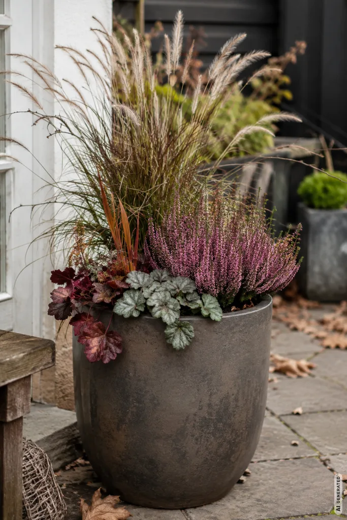 Einfache Herbstdeko für den Garten mit Pflanzkübel, Ziergras, Heide und herbstlichen Blättern.