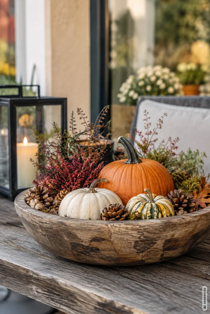 Pflegeleichte Herbstdeko für die Terrasse: 3 einfache Ideen für wenig Arbeit im Herbst Pflegeleichte Herbstdeko für die Terrasse mit Kürbissen, Zapfen, Heide und Holzschale.