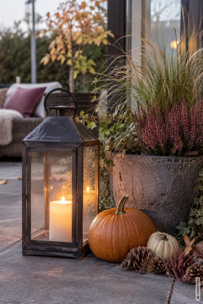 Pflegeleichte Herbstdeko für die Terrasse: 3 einfache Ideen für wenig Arbeit im Herbst Pflegeleichte Herbstdeko für die Terrasse mit Laterne, Kürbissen, Heide und Ziergräsern.