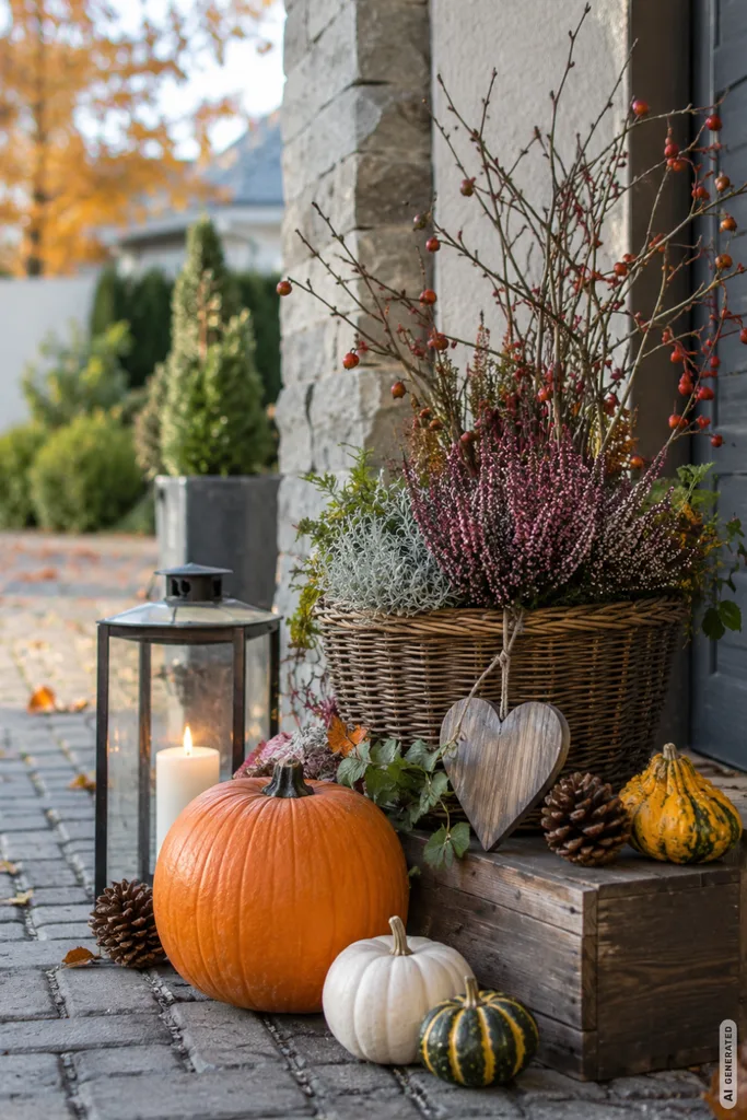 Pflegeleichte Herbstdeko für die Einfahrt mit Korb, Zweigen, Kürbissen und Laterne.