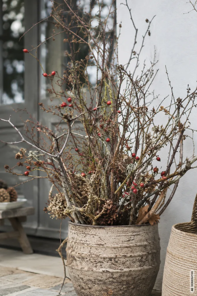 Herbstdeko mit Naturmaterialien für den Garten: Äste, Zweige und Hagebutten in einem schweren Pflanzgefäß.