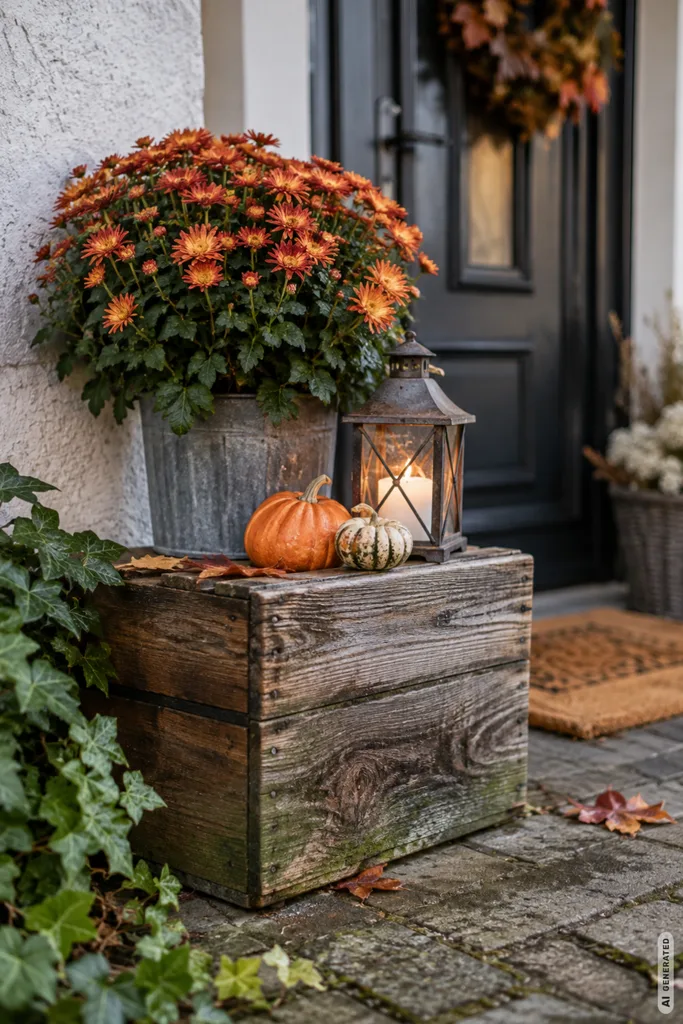 Diese 3 Herbstdekos sehen schön aus, machen am Hauseingang aber schnell Probleme Unbehandelte Holzdeko am Hauseingang im Herbst mit Feuchtigkeit, Laterne und herbstlicher Bepflanzung.