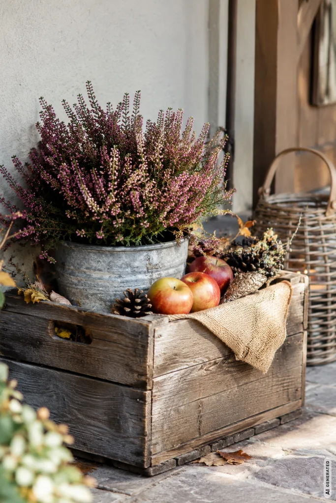Einfache Herbstdeko für den Garten mit Holzkiste, Heide, Äpfeln und natürlichen Materialien.