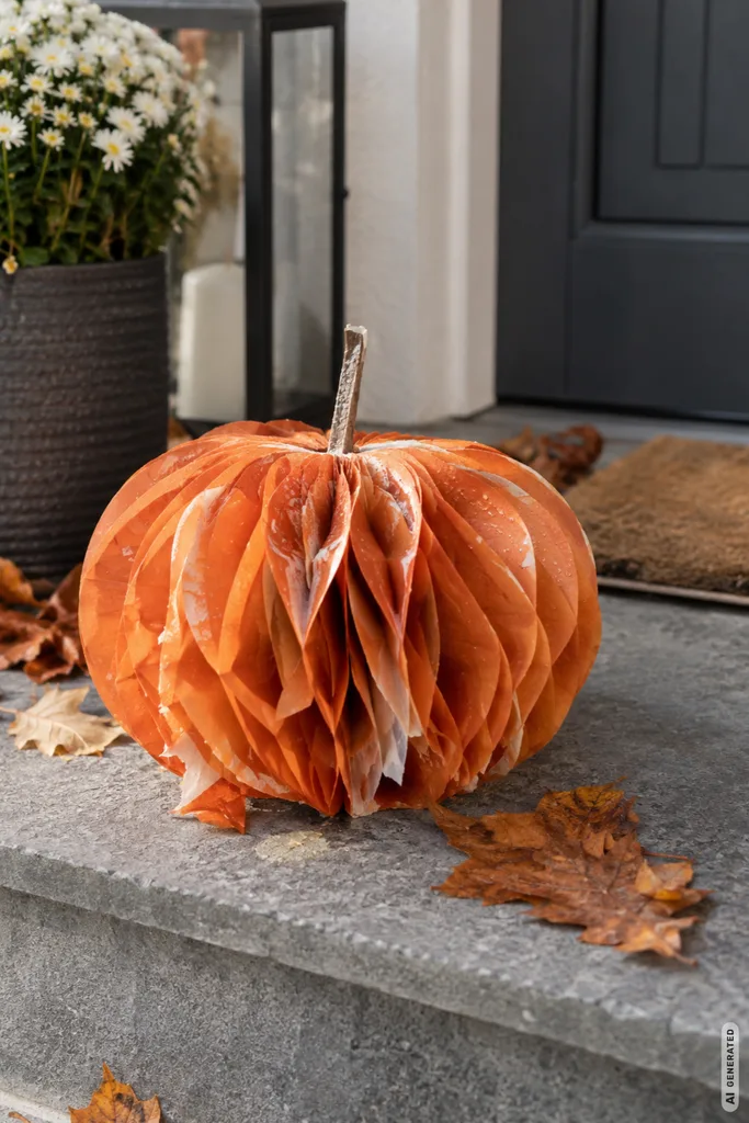 Diese 3 Herbstdekos sehen schön aus, machen am Hauseingang aber schnell Probleme Papierdeko am Hauseingang im Herbst mit Feuchtigkeitsschäden neben Laterne und Herbstlaub.