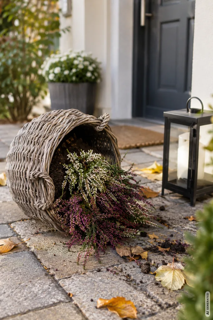 Diese 3 Herbstdekos sehen schön aus, machen am Hauseingang aber schnell Probleme Umgekippte leichte Herbstdeko am Hauseingang zeigt, warum windanfällige Dekoelemente ungeeignet sind.