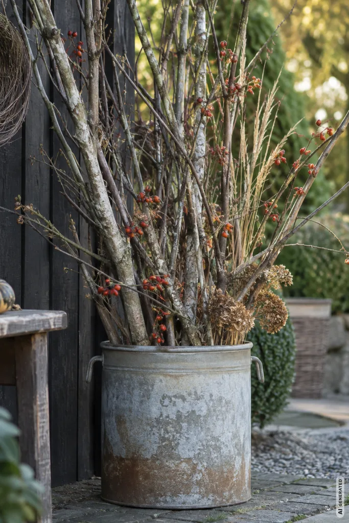 Herbstdeko für den Garten: 3 günstige Ideen, die sofort mehr Atmosphäre bringen Herbstdeko für den Garten: großer Metalltopf mit gebündelten Zweigen, Beeren und Trockenblüten an dunkler Holzwand.