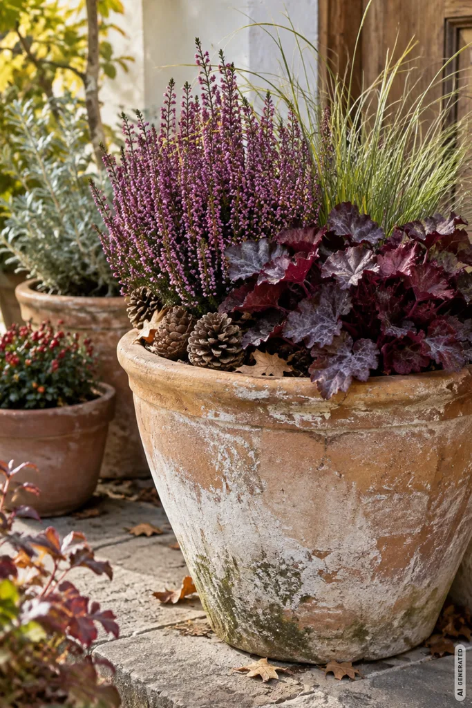 Herbstdeko für den Garten: 3 günstige Ideen, die sofort mehr Atmosphäre bringen Günstige Herbstdeko für den Garten mit alten Terrakottatöpfen, Heide, Purpurglöckchen und Ziergras.