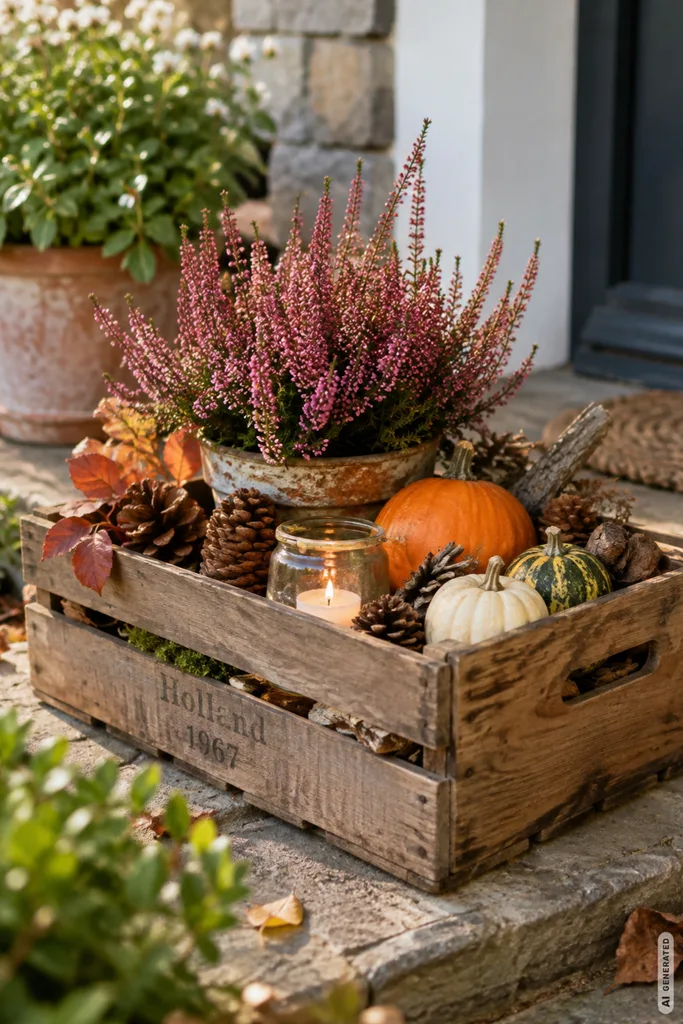 Herbstdeko für den Garten: 3 günstige Ideen, die sofort mehr Atmosphäre bringen Günstige Herbstdeko für den Garten mit Holzkiste, Heide, Kürbissen, Zapfen und Naturmaterialien.