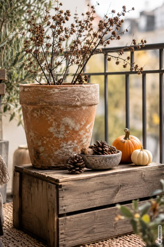 Günstige Herbstdeko für den Balkon mit Holzkiste, Terrakottatopf, Kürbissen und Naturmaterialien.