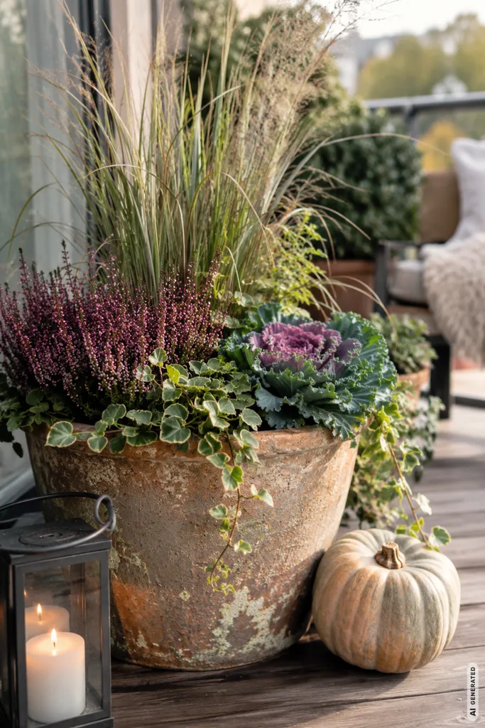 Günstige Herbstdeko für den Balkon mit bepflanztem Terrakottatopf, Heide, Zierkohl, Kürbis und Laterne.