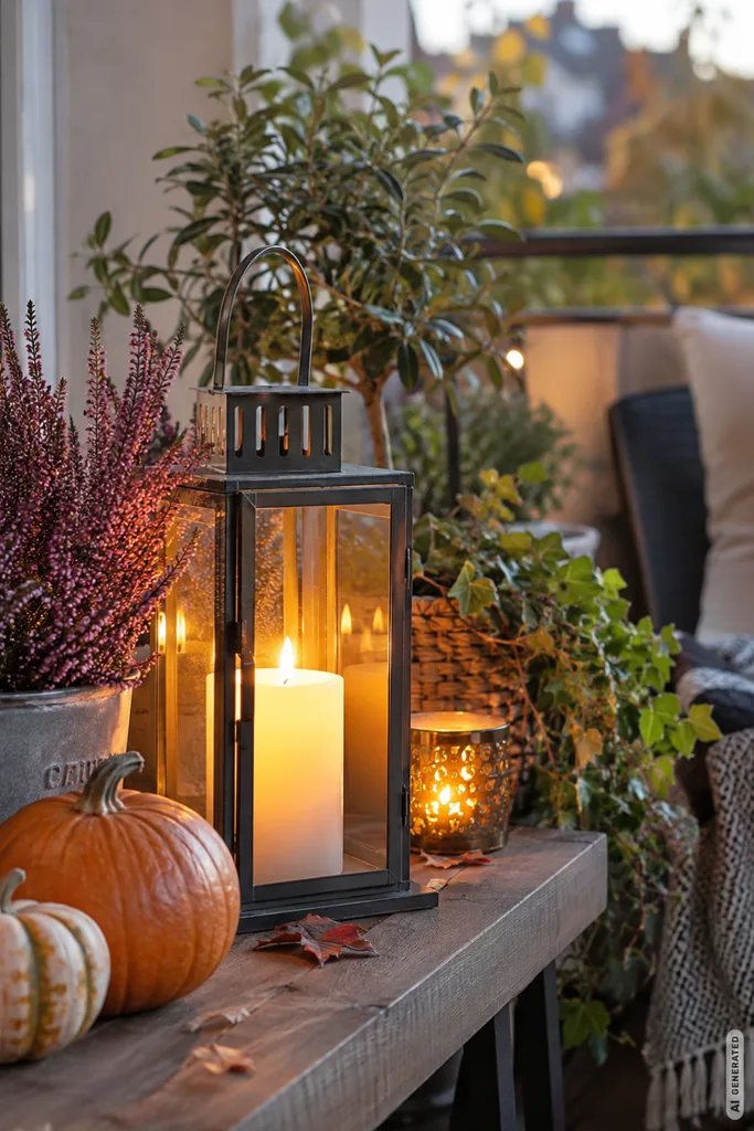 Günstige Herbstdeko für den Balkon mit Laterne, Kürbissen und herbstlichen Pflanzen.