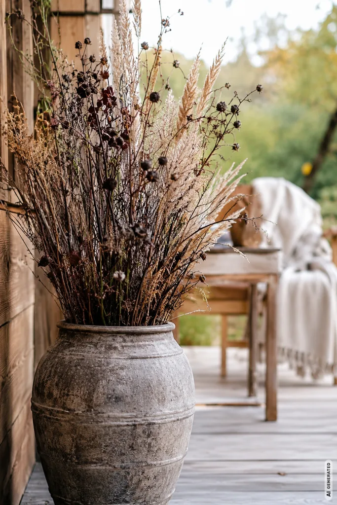 Einfache Herbstdeko für den Garten mit Zweigen, Gräsern und Hagebutten in einer rustikalen Vase.