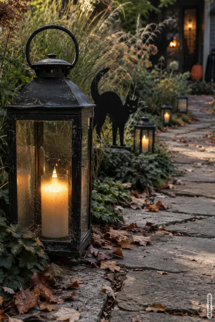 Halloweendeko im Garten mit Laternen, Gartenweg und gruseliger schwarzer Katzen-Silhouette.