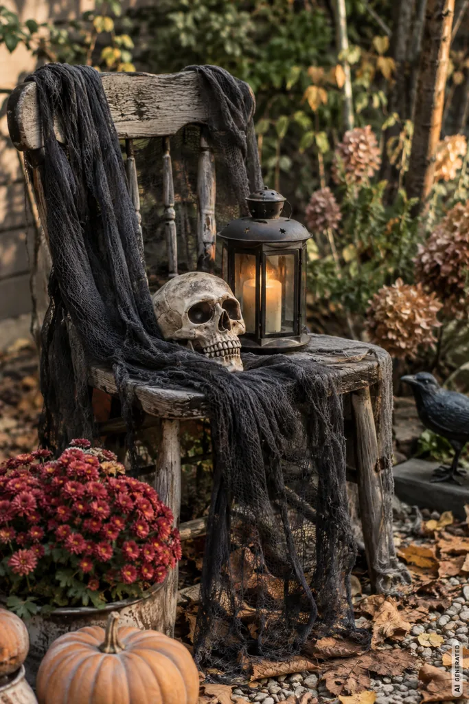 Gruselige Halloweendeko im Garten mit altem Holzstuhl, schwarzem Stoff, Totenkopf und Laterne.