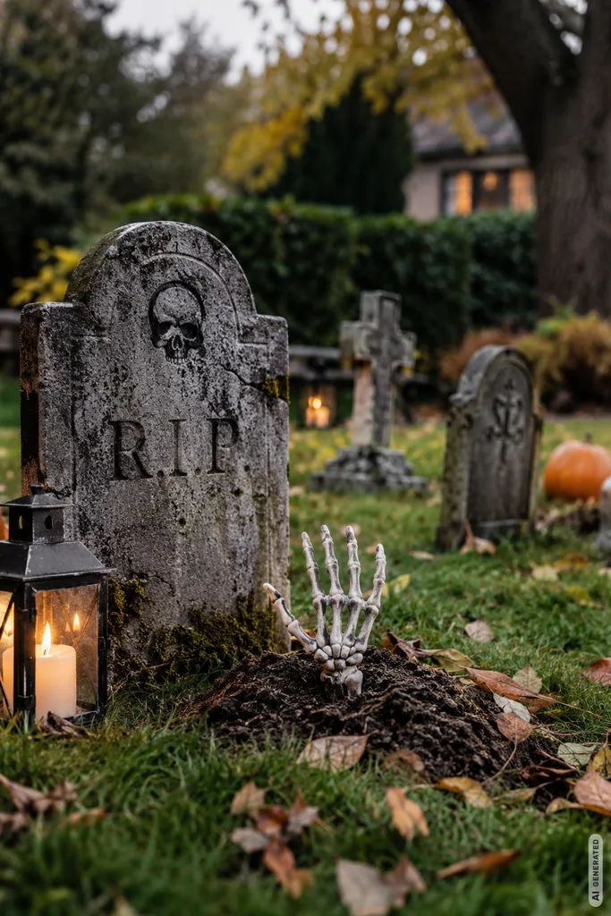 Gruselige Halloweendeko im Garten mit Grabsteinen, Laterne und Skelett-Hand auf herbstlichem Rasen.