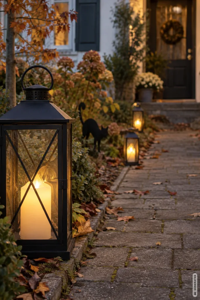 Halloweendeko im Vorgarten: 3 einfache Ideen mit Licht, Kürbissen und Geistern Halloweendeko im Vorgarten mit Laternen, Lichtweg und schwarzer Katzensilhouette.