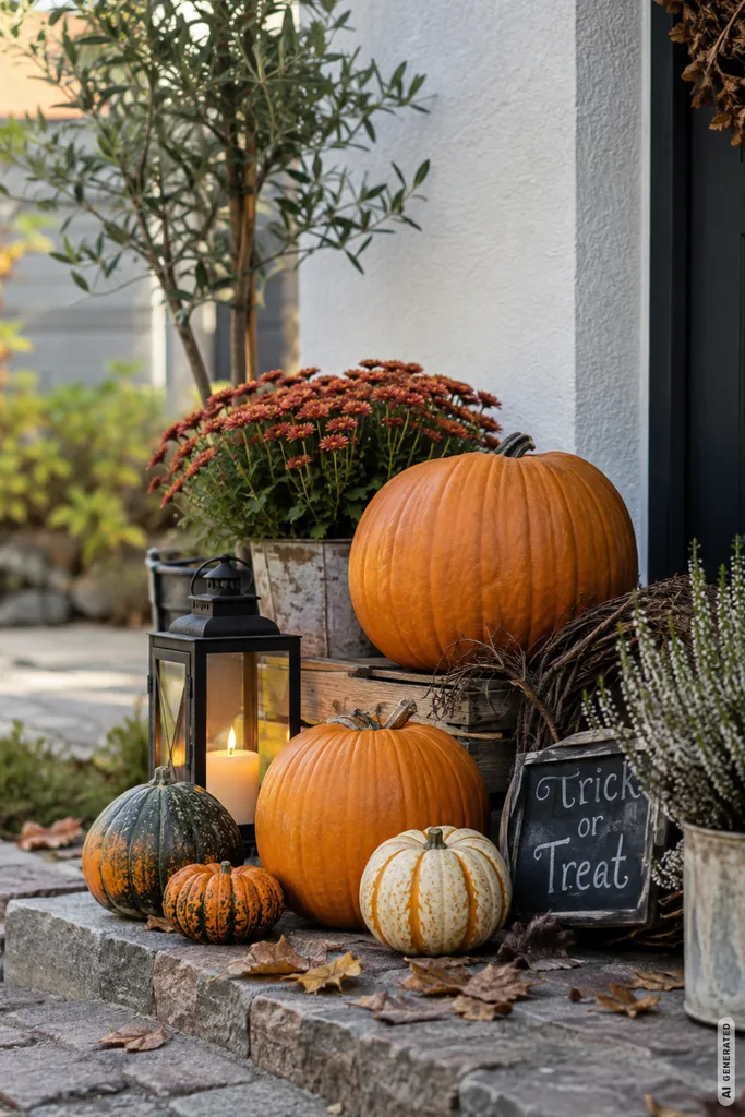 Halloweendeko im Vorgarten: 3 einfache Ideen mit Licht, Kürbissen und Geistern Halloweendeko im Vorgarten mit Kürbissen, Laterne und herbstlicher Bepflanzung.