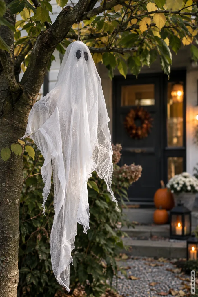Halloweendeko im Vorgarten: 3 einfache Ideen mit Licht, Kürbissen und Geistern Halloweendeko im Vorgarten mit weißem Geist am Baum vor herbstlich dekoriertem Hauseingang.
