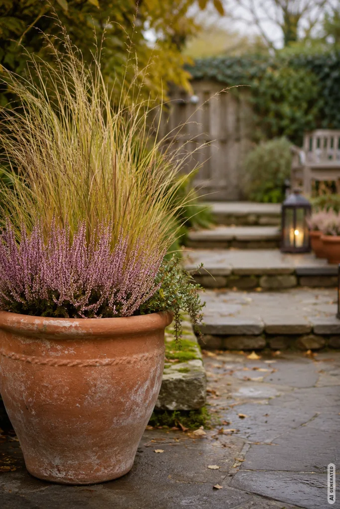 Einfache Herbstdeko für den Garten mit Kübel, Gräsern und Laternen am herbstlichen Gartenweg.