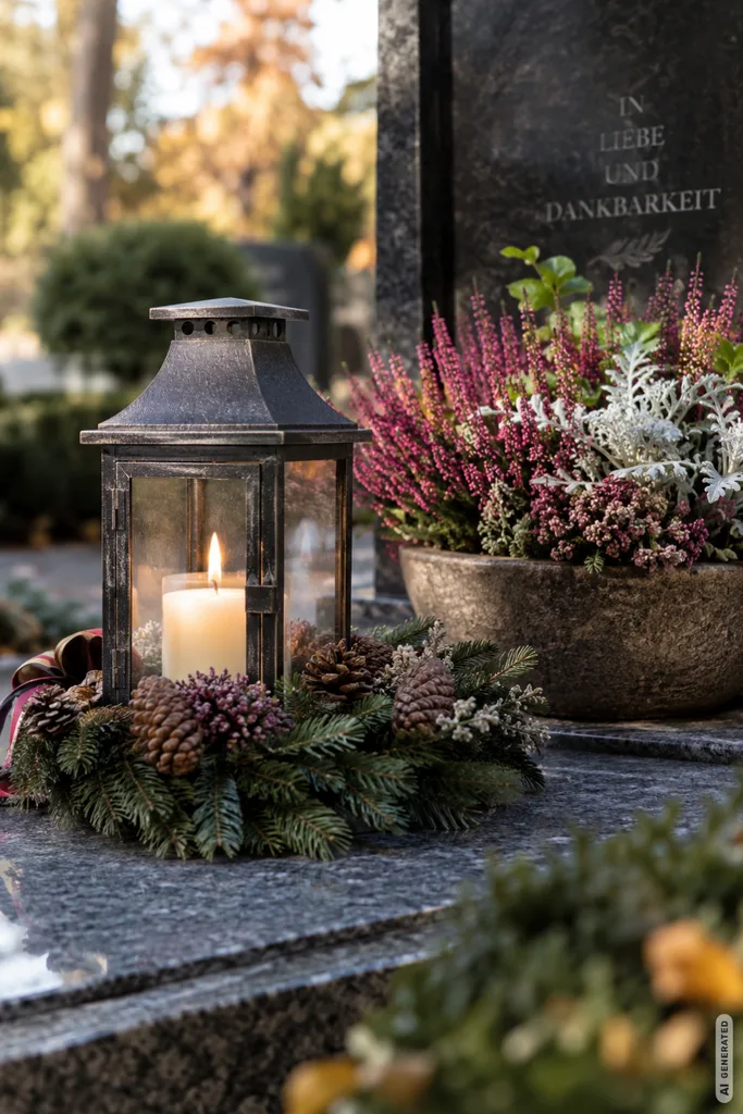 Grabschmuck zu Allerheiligen mit Laterne, Heide und Tannengrün als natürliche Deko-Idee.