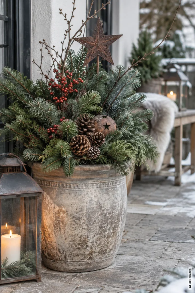 Winterdeko im Garten: 5 Ideen, die triste Gartenecken sichtbar aufwerten Winterdeko im Garten mit großem Pflanzgefäß, Tannenzweigen, Zapfen und natürlichen Winterelementen.