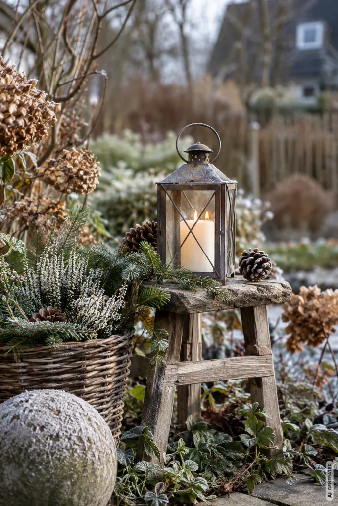 Winterdeko im Garten: 5 Ideen, die triste Gartenecken sichtbar aufwerten Winterdeko im Garten mit Laterne, Tannenzweigen und Zapfen als natürlicher Blickpunkt im Beet.
