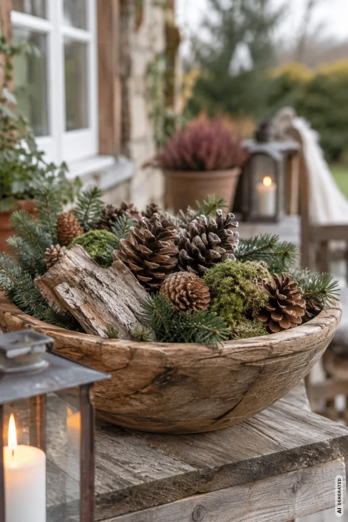 Winterdeko im Garten: 5 Ideen, die triste Gartenecken sichtbar aufwerten Winterdeko im Garten mit Holzschale, Tannenzweigen, Zapfen, Moos und warmer Laterne.