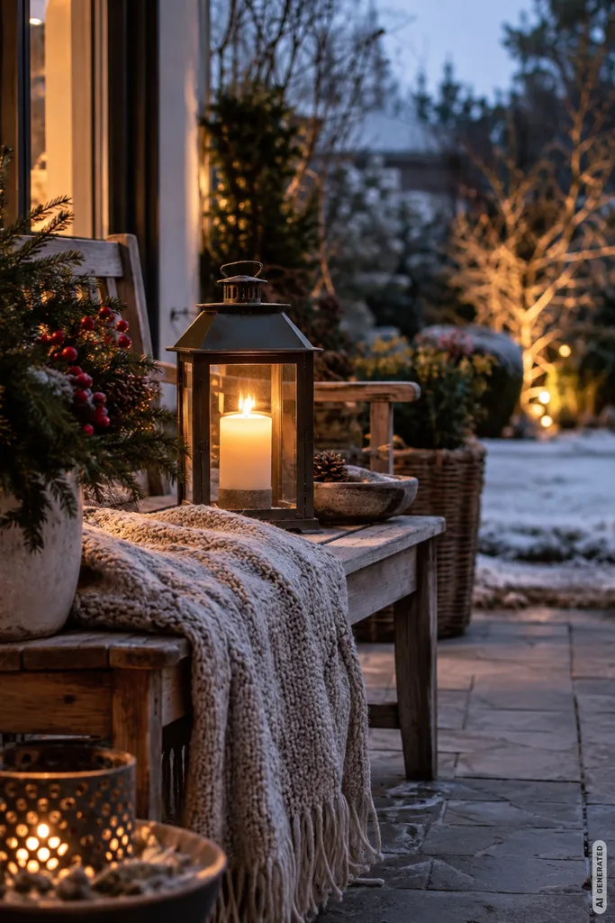 Winterdeko im Garten: 5 Ideen, die triste Gartenecken sichtbar aufwerten Winterdeko im Garten mit Laterne, warmem Licht und winterlich dekorierter Terrasse.