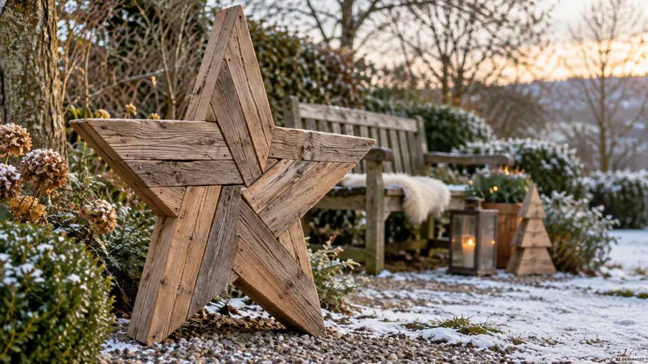Weihnachtsdeko aus Holz für den Garten mit großem Holzstern im winterlichen Garten.
