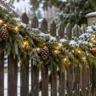 Verschneiter Holzgartenzaun mit üppiger Tannengirlande, warmweißen Lichterketten, Kiefernzapfen und einer Laterne.