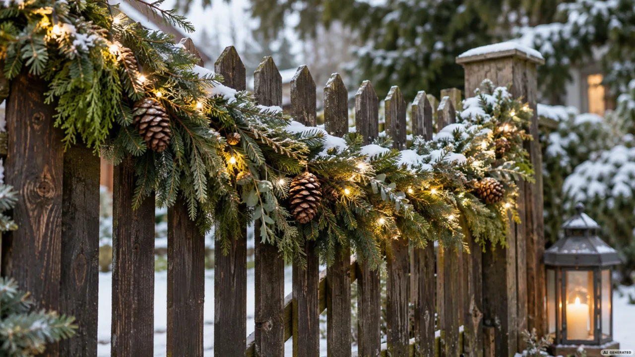 Verschneiter Holzgartenzaun mit üppiger Tannengirlande, warmweißen Lichterketten, Kiefernzapfen und einer Laterne.