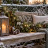 Weihnachtsdeko für den Garten mit Holzbank, Tannengrün, Laterne, Lichterkette und winterlicher Stimmung.
