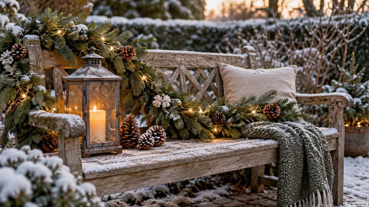 Weihnachtsdeko für den Garten mit Holzbank, Tannengrün, Laterne, Lichterkette und winterlicher Stimmung.