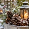 Winterlicher Pflanzkübel mit Tannenzapfen, Tannengrün und einer leuchtenden Laterne im verschneiten Garten.