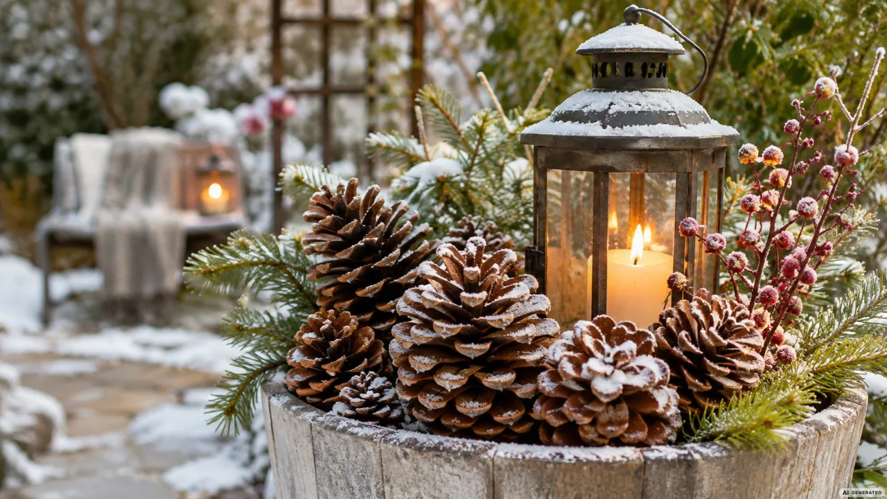 Winterlicher Pflanzkübel mit Tannenzapfen, Tannengrün und einer leuchtenden Laterne im verschneiten Garten.