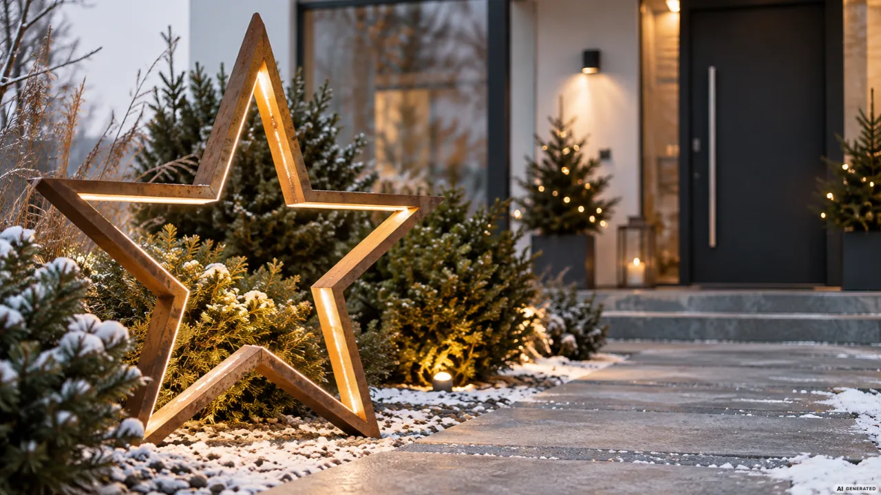 Moderne Weihnachtsdeko im Vorgarten mit beleuchtetem Stern, wintergrünen Pflanzen und elegantem Hauseingang.