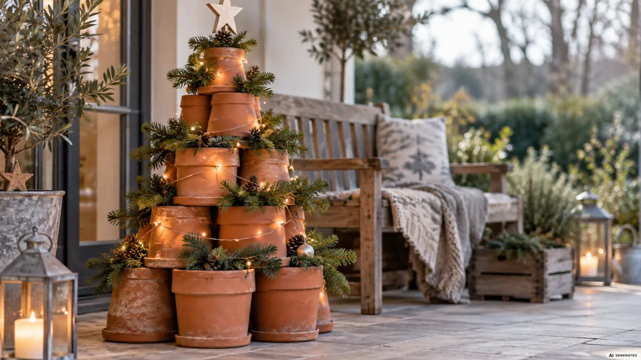 Weihnachtsdeko mit Tontöpfen: 5 wunderschöne Ideen, die kaum etwas kosten Weihnachtsbaum aus gestapelten Tontöpfen mit Tannenzweigen, Lichterkette und Holzstern auf einer Terrasse.