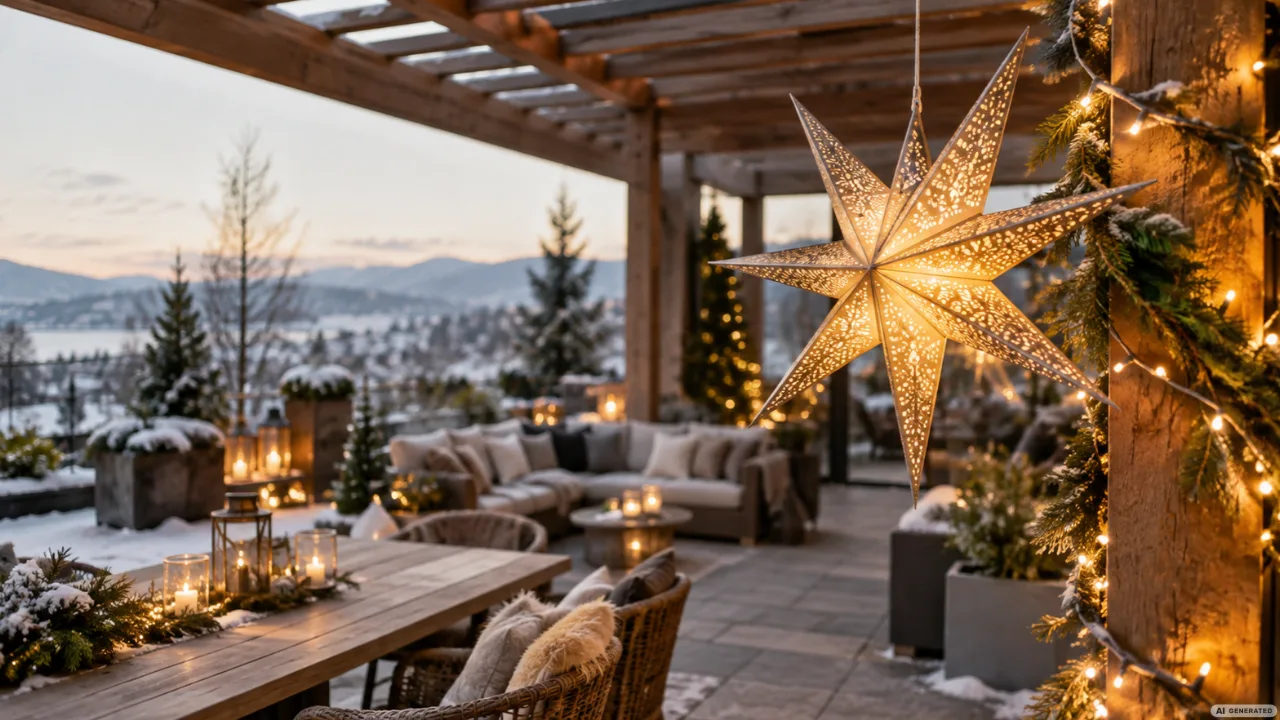 Leuchtender Weihnachtsstern an einer Holzpergola mit Lichterketten und festlich dekorierter Terrasse.