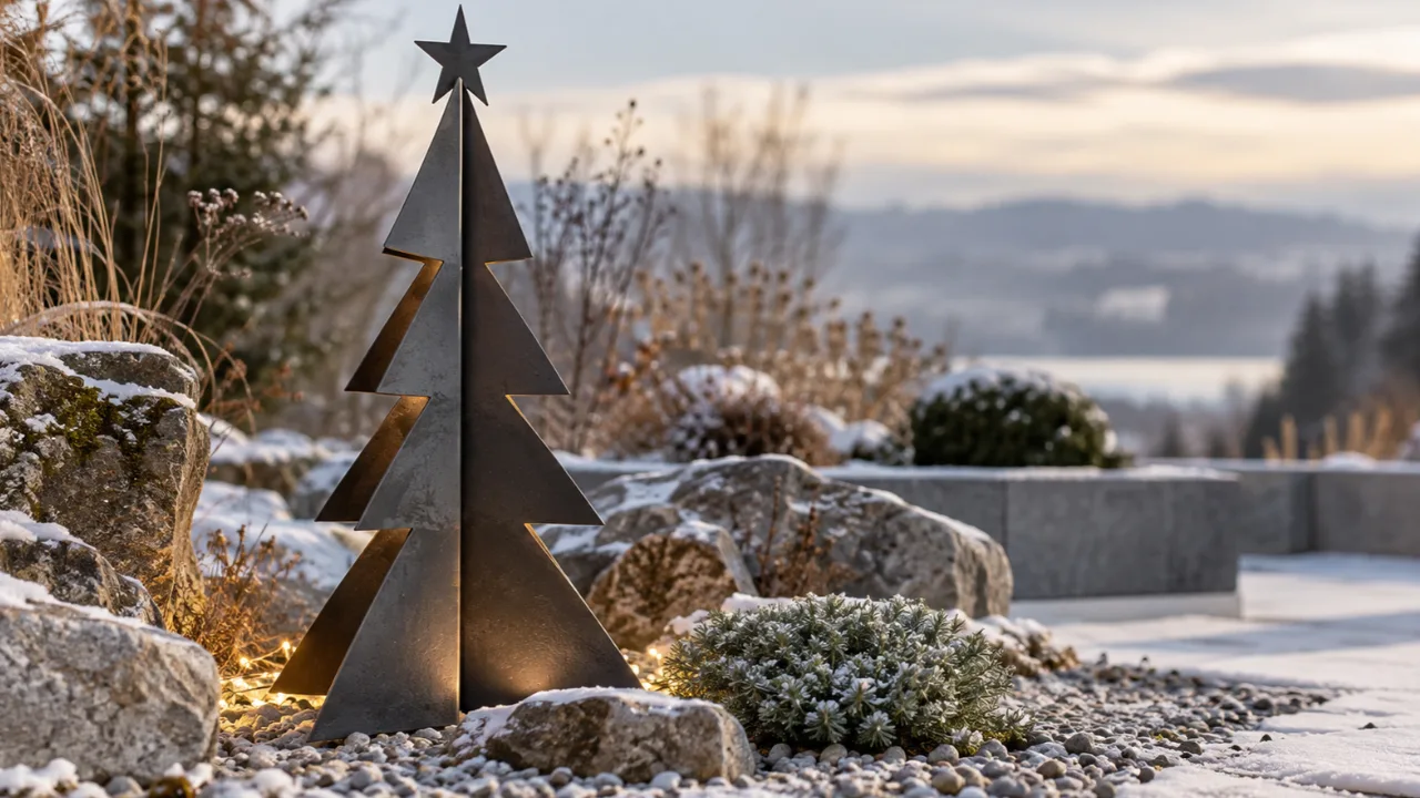 Moderne Weihnachtsdeko für den Steingarten mit schwarzem Metallstern, Naturstein und beleuchteter Laterne.