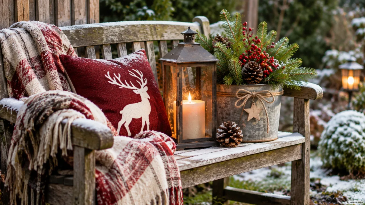 Weihnachtsdeko auf einer Holzbank mit kariertem Schneeflockenkissen, Laterne, Strickdecke und Tannenzweigen.