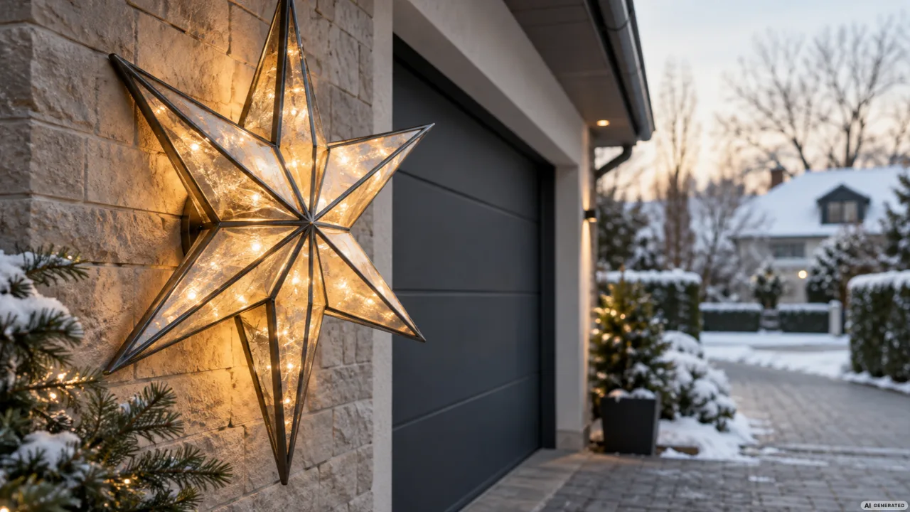 Großer beleuchteter Weihnachtsstern aus Metall und Glas an einer Steinwand neben einer verschneiten Garageneinfahrt.