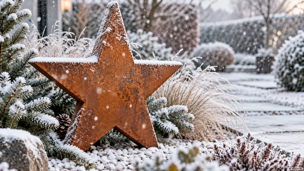 Wetterfeste Weihnachtsdeko im Garten: 5 Ideen, die auch im Schnee schön bleiben Wetterfeste Weihnachtsdeko im Garten mit großem Cortenstahl-Stern zwischen frostigen Ziergräsern und Tannenzweigen.