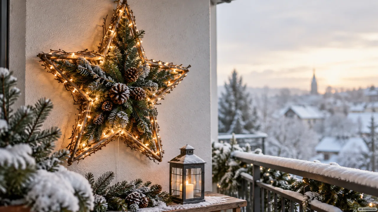 Wetterfeste Weihnachtsdeko auf dem Balkon mit großem Weihnachtsstern, Lichterkette und verschneitem Geländer.