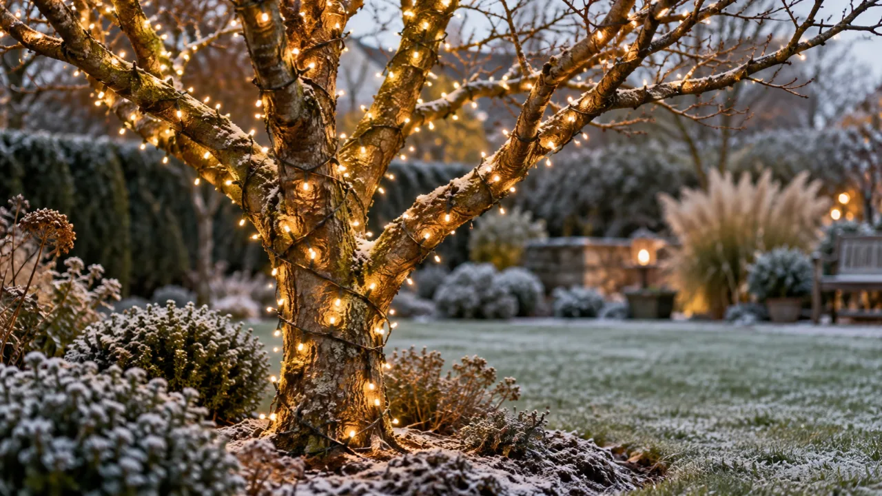 Kahler Gartenbaum mit warmweißen Lichterketten an Stamm und Ästen in einem leicht verschneiten Garten.