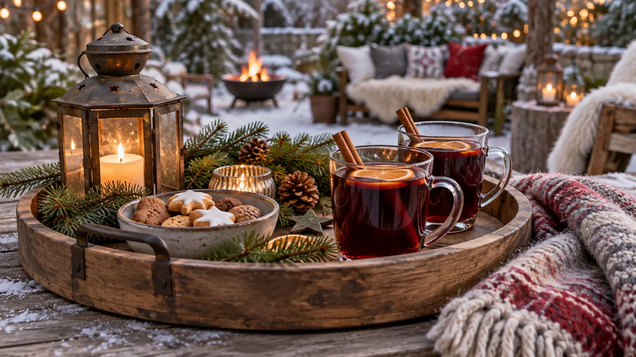 Holztablett mit Glühwein, Weihnachtsplätzchen, Tannenzweigen und Laterne auf einem winterlichen Gartentisch.
