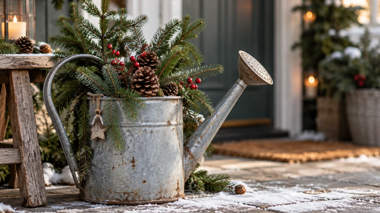 Alte Zinkgießkanne mit Tannenzweigen, roten Beeren und Zapfen als Weihnachtsdeko vor einem Hauseingang.