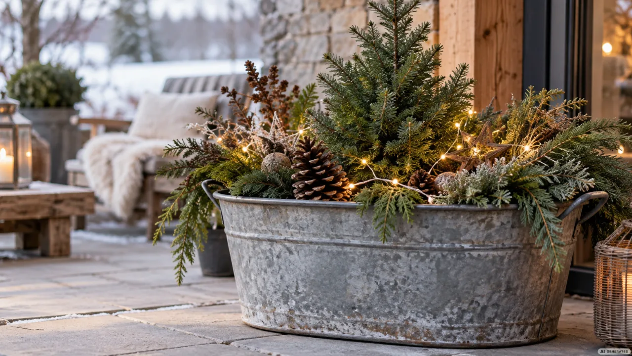 Große Zinkwanne mit Tannengrün, kleiner Konifere, Zapfen und warmweißer Lichterkette auf einer winterlichen Terrasse.