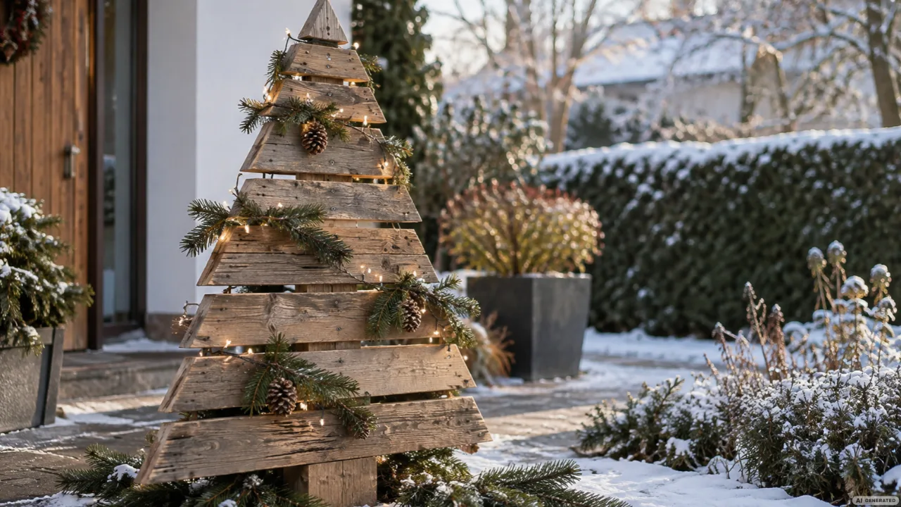 Selbst gebauter Weihnachtsbaum aus alten Zaunlatten mit Tannengrün und Lichterkette im verschneiten Garten.