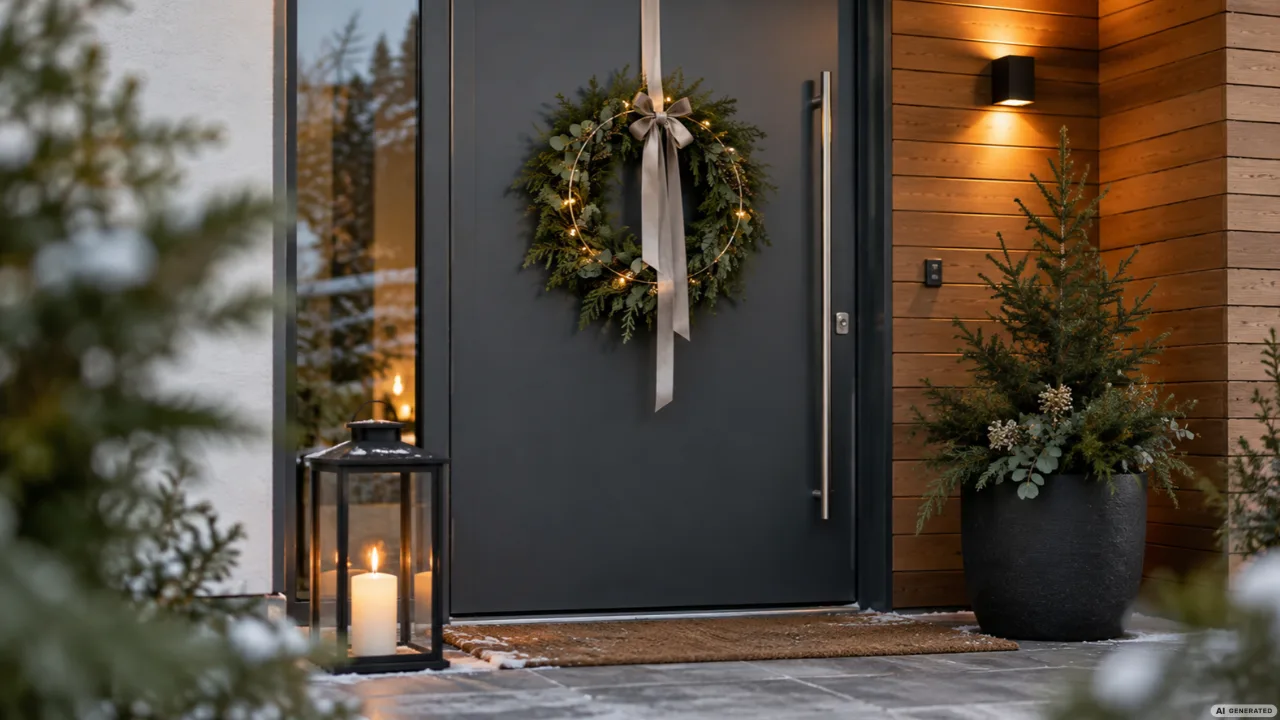 Weihnachtsdeko für die Haustür mit Tannenkranz, Girlande und winterlichen Pflanzkübeln.